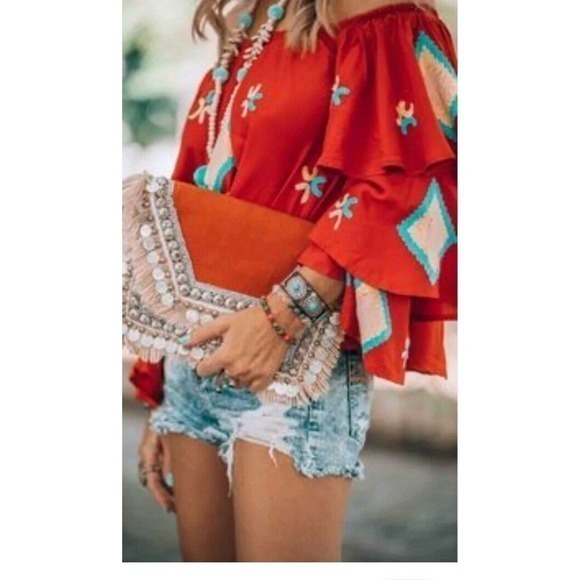 Geo, Aztec Boho Print Off Shoulder Blouse XL - Picture 6 of 9